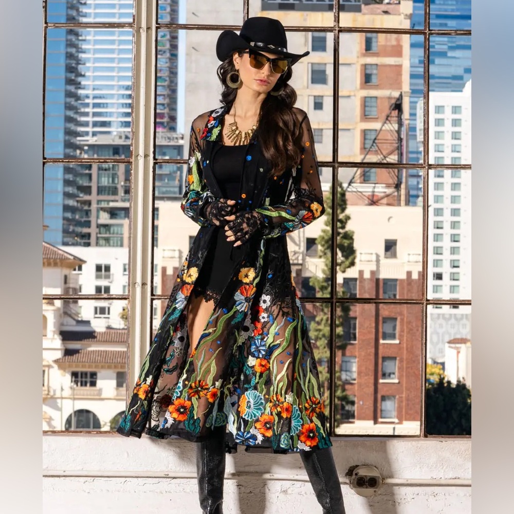 Long Black Embroidered Sheer Duster